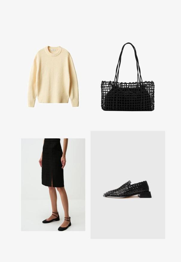 Pull en tricot couleur crème avec un col rond, des poignets et un ourlet côtelés. Texture douce avec une coupe légèrement ample, arborant un design simple et épuré.; Jupe crayon noire en tissu texturé, longueur genou, avec une fente à l'avant, associée à des chaussures plates noires à brides de cheville.; Chausson en cuir noir tressé à enfiler avec un petit talon carré et des détails festonnés, présenté sur un fond blanc.; Sac à main noir en tissage avec un design en mailles ouvertes et deux longues poignées. Dispose d'un sac intérieur noir solide pour le rangement.