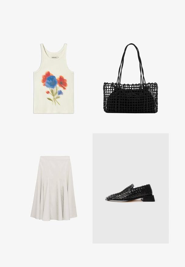 Krémový pletený svetr s kulatým výstřihem, žebrovanými manžetami a lemem. Měkká textura s mírně volným střihem, s jednoduchým a čistým designem.; Thinking Mu HARRIET - Triko s potiskem - white; Světlý krémový rozšířený sukni z hladkého materiálu, která má sklady pro objem a jednoduchý, nezdobený design.; Černé kožené tkané nazouvací boty s nízkým blokovým podpatkem a detailním vroubkováním na okrajích, vystavené na bílém pozadí.; Černá tkaná kabelka s otevřeným síťovaným designem a dvěma dlouhými ušima. Obsahuje pevnou černou vnitřní tašku pro úložný prostor.