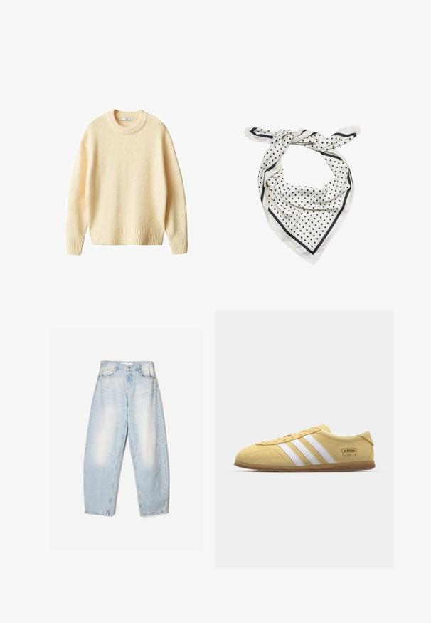 Krémový pletený svetr s kulatým výstřihem, žebrovanými manžetami a lemem. Měkká textura s mírně volným střihem, s jednoduchým a čistým designem.; Světle modré džíny s volným střihem, s vybledlým povrchem, dvěma předními kapsami a zapínáním na knoflík v pase.; adidas Originals GAZELLE LO PRO W - Tenisky - almost yellow/footwear white; Bílý hedvábný šátek s černými puntíky a černým lemem, volně uvázaný se dvěma konci trčícími ven na bílém pozadí.