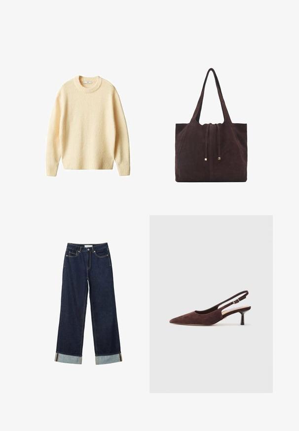 Krämfärgad stickad tröja med rund hals, ribbade ärmslut och nederkant. Mjuk textur med en något lös passform, som har en enkel och ren design.; Mörkblå vida jeans med hög midja, utrustade med uppvikta fållar, kontrasterande sömmar och femficksdesign. Tillverkade av denimtyg.; Bruna mocka slingbacks med spetsig tå och en smal klack. Har ett justerbart band med en metallspänne.; Mango Shoppingväska - dark brown