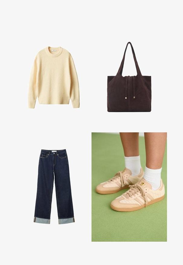 Kremasti pleteni pulover s okruglim izrezom, rebrastim manžetama i donjim rubom. Mekana tekstura s lagano opuštenim krojem, s jednostavnim i čistim dizajnom.; Tamno plave široke traperice viskog struka, s okrenutim rubovima, kontrastnim šavovima i dizajnom s pet džepova. Izrađene su od traper tkanine.; Noge u bež tkanim Adidas tenisicama s gumastim potplatima i bijelim čarapama do gležnja na zelenom teksturiranom podu.; Mango Velika torba - dark brown