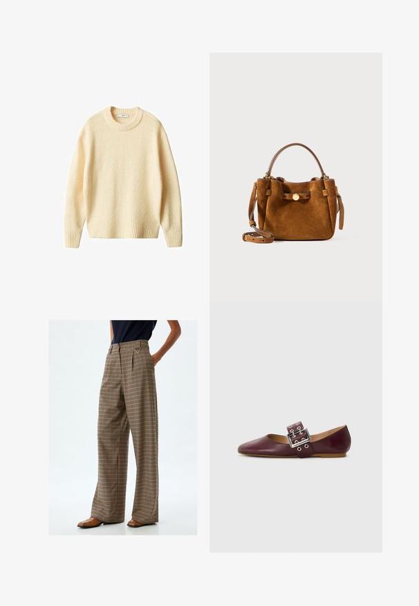 Crème kleurige gebreide trui met een ronde hals, geribde manchetten en zoom. Zachte textuur met een iets losse pasvorm, met een eenvoudig, strak ontwerp.; Wijde pantalons in een ruitpatroon met bruine, oranje en zwarte tinten. Hoge taille met plooien en een gladde stoftextuur.; Bordeaux leren balletflat met puntige neus, brede band met een zilveren gesp en meerdere gaten, platte zool, gladde textuur.; Bruin suède handtas met een ronde vorm, korte handvatten en een afneembare schouderriem. Accentueert met een gouden knop en vierkante patches.