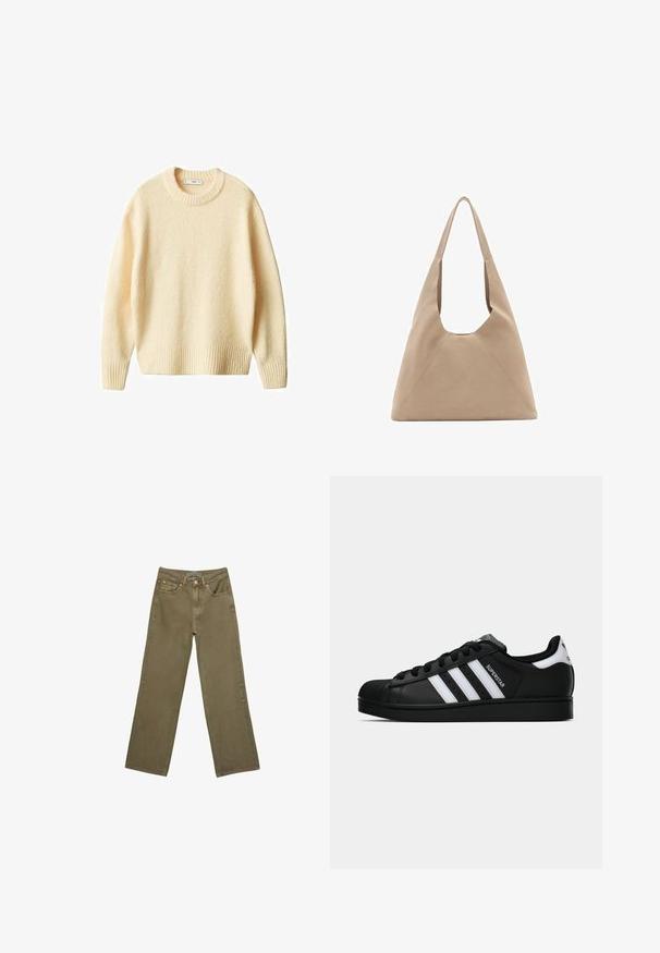 Maglione di colore crema in maglia, con collo rotondo, polsini e orlo a coste. Texture morbida con una vestibilità leggermente ampia, caratterizzato da un design semplice e pulito.; Jeans a gamba larga in cotone verde oliva con una trama robusta. Presentano una chiusura con zip, cinque tasche e cuciture a contrasto vicino alla vita.; Sneaker nera Adidas Superstar con strisce bianche, punta a conchiglia e testo "Superstar" su un lato, mostrata in profilo laterale su sfondo bianco.; Borsa a tracolla in tessuto beige con una forma triangolare unica, ampie spalline e dettagli delle cuciture visibili per una maggiore struttura.