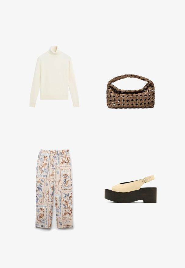 Kremowy sweter z golfem, miękka tekstura dzianiny, dopasowany krój, długie rękawy oraz ściągacze przy kołnierzu i u dołu.; Lekkie, kremowe spodnie do piżamy z kwiatowym wzorem w brązie i niebieskim, z elastycznym pasem i luźnym krojem.; Beżowe zamszowe sandały na platformie z otwartym palcem, z tylnym zapięciem i ciemną drewnianą podstawą, wyposażone w metalową klamrę do regulacji.; Wpleciony brązowy torebka o prostokątnym kształcie, z wyraźnym uchwytem i teksturowaną powierzchnią. Posiada zamknięty górny zamek oraz skomplikowany wzór plecionki.