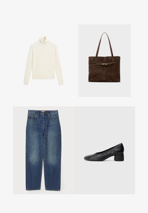 Krémový rolákový svetr, měkká pletená textura, střih přiléhající k tělu, dlouhé rukávy a žebrované lemy a spodní okraj.; Modré džíny s vysokým pasem, rovnými nohavicemi, předními a zadními kapsami, poutky na opasek, zapínáním na knoflík a jemným zesvětlením na nohavicích.; Černé kožené lodičky s kulatou špičkou a středním blokovým podpatkem. Hladký povrch s minimálním zdobením, s jemným elastickým otvorem.; Hnědá velká taška z semiše s dlouhými uchy, s plochým tělem a ozdobným popruhem se stříbrným kováním.