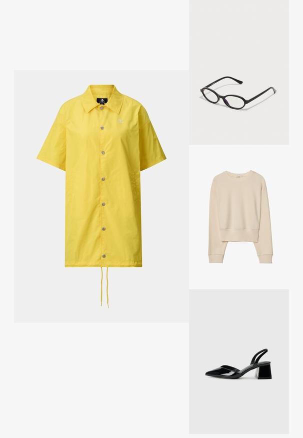 Beige långärmad kortermad tröja med ribbad rundhals, muddar och nederkant, liggande platt på en vit bakgrund.; Gul regnjacka med korta ärmar, framknappar, dragsko i fållen och en logotyp på bröstet. Tillverkad av lätt, vattentåligt material.; Svarta lackläder slingback klackar med spetsig tå och geometrisk klack. Har en elegant, minimalistisk design och slät yta.; Svart ovalt ramglasögon med genomskinliga lila detaljer på linserna. Ramen har en mattslät yta och slanka, raka tempel.; Beige handväska tillverkad av mjukt material, med en avslappnad design, sydda detaljer och två axelremmar. Lämplig för dagligt bruk.