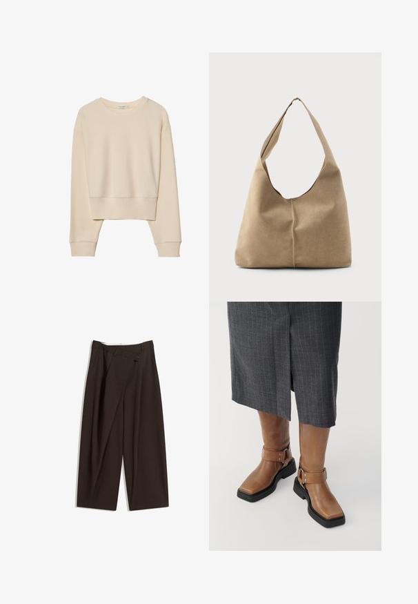 Beżowy, długi rękaw, krótki sweter z prążkowanym dekoltem, mankietami i dolnym wykończeniem, leżący płasko na białym tle.; Ciemnobrązowe szerokie spodnie o wysokim stanie, z pojedynczym zapięciem na guzik i plisowanym przodem. Wykonane z lekkiego materiału.; Brązowe skórzane kozaki do kolan z kwadratowym noskiem, czarną gumową podeszwą i regulowanym zapięciem. Noszone z szarym spódnicą w prążki.; Torba hobo w miękkim beżowym zamszu o luźnym kształcie, szerokim pasku na ramię i ręcznie szytym szczególe na przedzie.