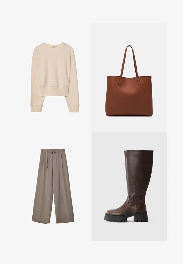 Bež dugi rukav skraćeni pulover s rebrastim okruglim izrezom, manžetama i rubom, položen ravno na bijeloj pozadini.; Široke hlače u mekoj, prigušenoj sivoj tkanini, s remenom na struku i plisiranim detaljima za dodatni dizajn. Glatka tekstura, bez uzoraka.; Smeđe čizme do koljena izrađene od glatke sintetičke kože, s debelom crnom platformom i minimalnim šavovima za elegantan dizajn.; Smeđa kožna torba preko ramena s glatkom teksturom, otvorenim vrhom i dvjema naramenicama. Ima minimalne šavove i nema vidljivog hardvera.