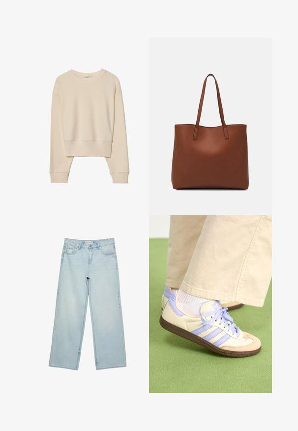 Vaaleanbeige pitkähihainen lyhyt villapusero, jonka ribbireunus on kauluksessa, hihansuissa ja helmassa, asetettuna tasaiselle valkoiselle taustalle.; Vaaleansiniset leveälahkeiset farkut, joissa on korkea vyötärö, viisi taskua ja hienovarainen haalistus. Suora leikkaus ja huolitellut reunat.; Kermasilta ja laventelilta näyttävät lenkkarit kolmella raidalla ja teksturoidulla ruskealla pohjalla, varustettuna nauhoilla ja pehmustetulla kantapäällä. Pehmeä kangaspinta.; Ruskea nahkainen olkalaukku, jossa on sileä pinta, avoin yläosa ja kaksi olkahihnaa. Omaavat vain minimaalisen ompelun eikä näkyvää metalliosaa.