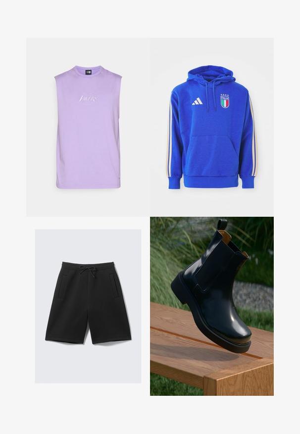 Blå bomullgenser med hette som har frontlomme, snor i hetten, Adidas tre-stripes design i gull og et Italia-emblem med stjerner.; Lilla ermeløs t-skjorte, myk bomullsstoff, rund hals, med brodert "Los Angeles Lakers" logo i hvitt på brystet.; Sorte idrettsshorts laget av mykt stoff, med elastisk liv med snor, og to frontlommer. Jevn tekstur, kne-lengde klipp.; Svart lær Chelsea-støvel med glatt overflate, elastiske sidepaneler, rund tå og tykk gummisåle, plassert over en treoverflate.