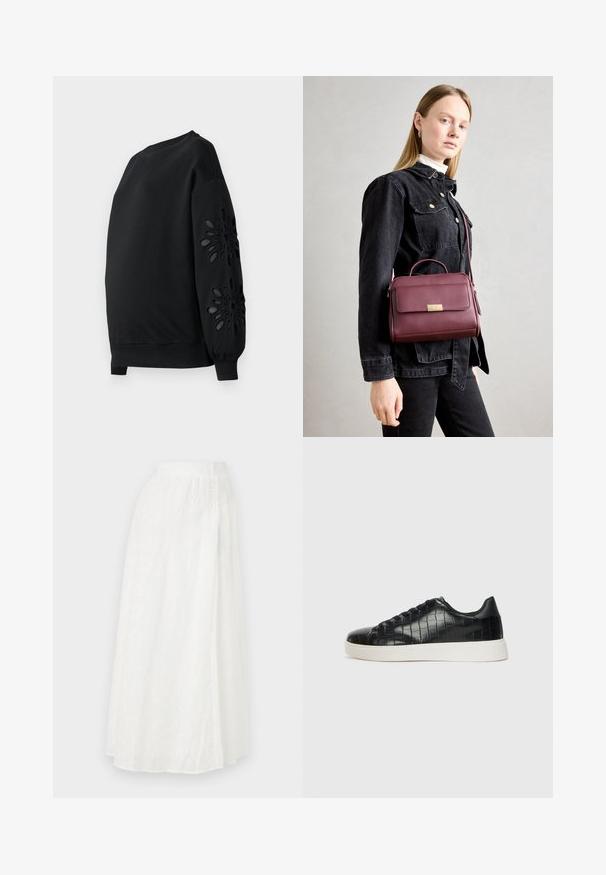 Sweatshirt noir à col rond et manches bouffantes, avec des motifs floraux découpés au laser sur les manches et une texture lisse.; Jupe maxi blanche avec une taille élastique, présentant un motif floral texturé et des découpes en dentelle sur l'ensemble du tissu.; Baskets noires avec un dessus en cuir gaufré effet crocodile, bout rond et semelle en caoutchouc blanc contrastant avec une finition lisse.; Sac à main en cuir bourgogne avec fermoir en or, forme structurée, anse supérieure et bandoulière réglable. Le mannequin porte une veste en jean.