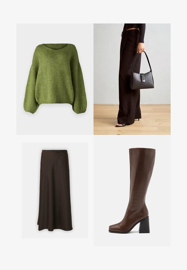 JDY JDYDINEA REVERSIBLE - Pulover - fern; Selected Femme SLFLENA - Krilo A-kroja - coffee bean; RAID RENZO - Škornji - brown; Črna torbica z strukturirano obliko, gladko teksturo in kovinskim zaponko. Ujemajo se z širokimi črnimi hlačami in odprtimi sandali na lesenem tleh.