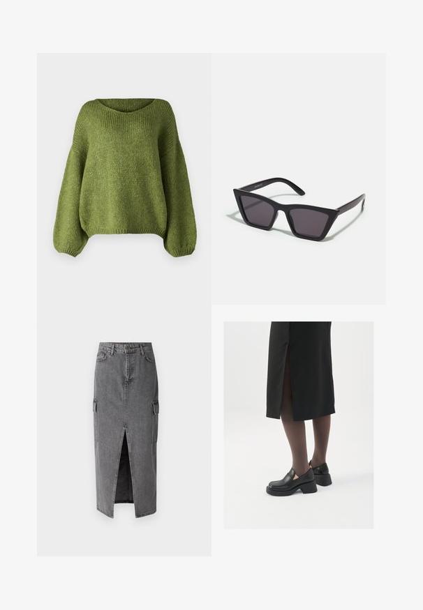 JDY JDYDINEA L/S REVERSIBLE - Strikkegenser - fern; Grå denim midi-skjørt med rett silhuett, to sidelommer og en frontsplitt for bevegelsesfrihet. Klassisk denimtekstur.; Sorte lærersko med rund tå, tykk blokkheel og elastiske sideaksenter, sammen med mørke strømpebukser og et svart skjørt med splitt.; Svarte, kantete solbriller med grå linser; laget av plast, med tykke stenger som har en glatt overflate og ingen synlige festemidler.; Svart hobo-bag laget av glatt, læraktig materiale med et tvistet håndtak, som har en myk, avrundet form og en glidelås lukking på toppen.