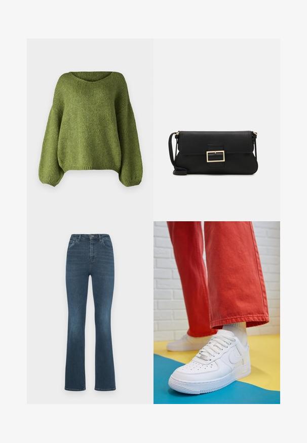 JDY JDYDINEA L/S REVERSIBLE - Džemper - fern; Tumedad sinised flare-jeansid, mis on valmistatud denimist. Omavad kõrget vööd, kahte esikotti ning klassikalist viie-koti disaini nööbiga. ; Valge nahast tennis, millel on perforeeritud varvas, tekstureeritud tallad ja valged shoelaces, kombineeritud laia punase pükste ja sinise ning kollase taustaga.; Must haben musta nahkklahviga kott, millel on klapp ja kuldne metallist pandla detail. Kaasas must rihm ja stiilne, minimalistlik disain.