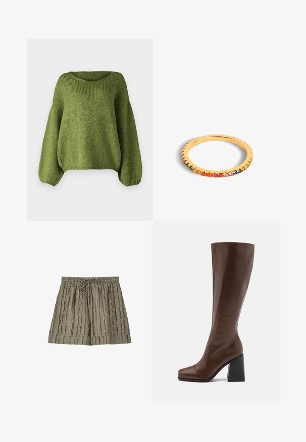 JDY JDYDINEA REVERSIBLE - Maglione - fern; Pantaloni corti verde oliva, con texture e un motivo a strisce ondulate, dotati di una vita elastica e un cordino per una vestibilità regolabile.; RAID RENZO - Stivali alti - brown; Anello in oro con bordi scallop, impreziosito da pietre preziose a forma di pera di vari colori lungo l'esterno per un dettaglio vivace.