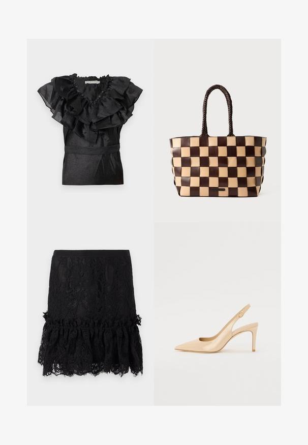 Blouse noire avec un col et des manches à volants, dotée d'une taille cintrée. Fabriquée dans un matériau brillant avec une finition texturée.; Jupe en dentelle noire avec un haut structuré, présentant un ourlet en dentelle volant. Le tissu exhibe des motifs floraux et une taille lisse.; Escarpin slingback en cuir verni nude avec un bout pointu, un décolleté ouvert et un talon aiguille fin. Comprend un accent doré circulaire sur la sangle.; Sac à main en cuir marron et beige avec un motif en damier tissé et des poignées tressées sur fond blanc.