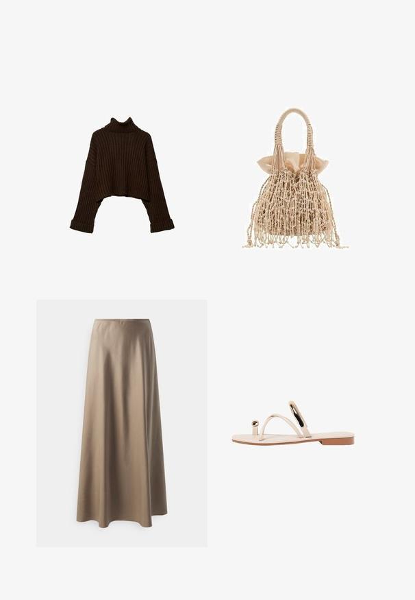 Pull en brown, cropped, à col roulé en maille côtelée avec manches longues et un design en tricot texturé. Il possède des poignets larges et un col ajusté.; Camisole noire avec de fines bretelles réglables, présentant un devant drapé et un détail froncé sur le côté, fabriquée en tissu léger.; Jupe mi-longue en tissu beige lisse avec une taille élastique et une silhouette fluide et ample. Pas de motifs ou d'accents visibles.; Sandales plates beiges avec de fines brides, des détails circulaires et une semelle lisse. Le design présente une forme minimaliste et une texture brillante.; Sac à main tissé beige avec un design texturé, doté d'un intérieur en satin froncé et de détails frangés, terminé par deux poignées tressées.