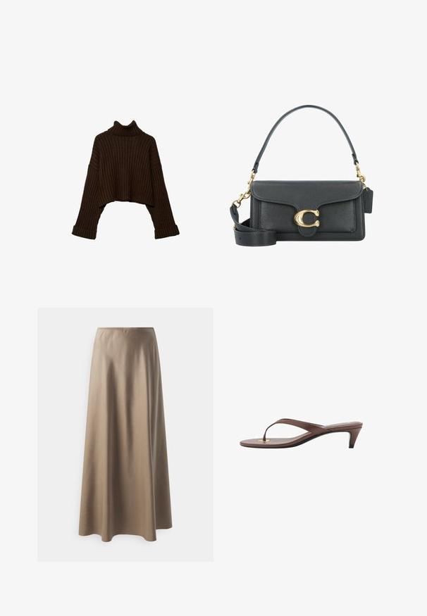 Brauner, kurz geschnittener, gerippter Rollkragenpullover mit langen Ärmeln und strukturiertem Strickdesign. Verfügt über breite Bündchen und einen körpernahen Kragen.; Schwarzes Top mit dünnen verstellbaren Trägern, das eine drapierte Vorderseite und eine geraffte Seitenpartie aufweist, aus leichtem Stoff gefertigt.; Midikleid aus glattem, beigem Stoff mit einem elastischen Bund und einer fließenden, lockeren Silhouette. Keine sichtbaren Muster oder Akzente.; Braune, mit Absatz versehene Flip-Flop-Sandale mit einem schmalen Riemen und abgerundetem Zehensteg, der ein kleines goldfarbenes Akzent auf dem Fußbett aufweist.; Schwarze Lederhandtasche mit goldenen Hardware-Akzenten, ausgestattet mit einem charakteristischen Verschluss, einem abnehmbaren Schultergurt und einer strukturierten Oberfläche.