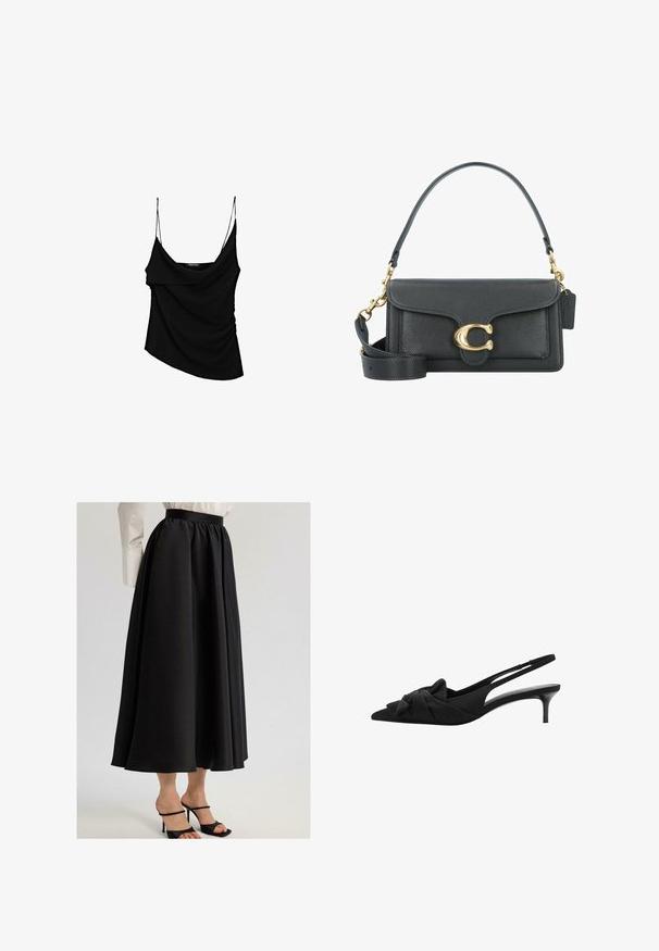 Brun, kortärmad ribbad turtleneck-tröja med långa ärmar och en strukturerad stickad design. Har breda muddar och en figursydd krage.; Svart camisole med tunna justerbara band, med en draperad front och samlad sidsöm, tillverkad av lätt tyg.; Svart maxikjol i mjuk tyg, med en samlad midja och flödande design, paired med svarta sandaletter.; Svarta slingbackklackar med spetsig tå, rosettdetalj på vampen, textilmaterial och en smal 3-tums glansig klack.; Svart läderhandväska med guldmetallaccent, försedd med en signaturspänne, avtagbar axelrem och texturerad yta.