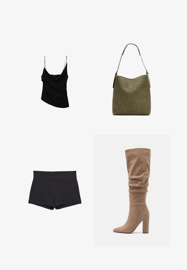 Bruine, cropped ribgebreide coltrui met lange mouwen en een textuurgebreid ontwerp. Kenmerkt zich door brede boorden en een aangesloten kraag.; Zwarte top met dunne verstelbare bandjes, featuring een gedrapeerde voorkant en geplooide zijdetail, gemaakt van een lichtgewicht stof.; Zwarte, getailleerde shorts met een brede tailleband, gemaakt van een zachte, rekbare stof. De zoomranden zijn glad zonder zichtbaar sluitingen of patronen.; Anna Field Laarzen - beige; MISAKO RITTE - Handtas - green