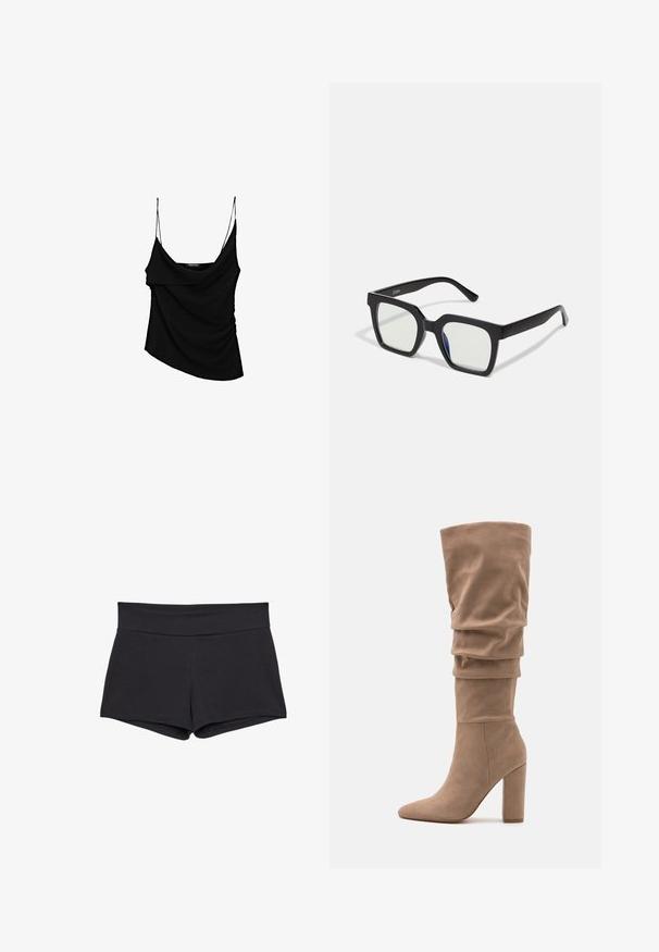 Brauner, kurz geschnittener, gerippter Rollkragenpullover mit langen Ärmeln und strukturiertem Strickdesign. Verfügt über breite Bündchen und einen körpernahen Kragen.; Schwarzes Top mit dünnen verstellbaren Trägern, das eine drapierte Vorderseite und eine geraffte Seitenpartie aufweist, aus leichtem Stoff gefertigt.; Schwarze, enganliegende Shorts mit einem breiten Taillenbund, aus einem weichen, elastischen Stoff. Die Saumkanten sind glatt ohne sichtbare Verschlüsse oder Muster.; Anna Field Stiefel - beige; Schwarze quadratische Sonnenbrillen mit matter Oberfläche, die über transparente Gläser und einen leichten blauen Farbton auf einer Seite verfügen. Robustes, kantiges Design.; MISAKO RITTE - Handtasche - green