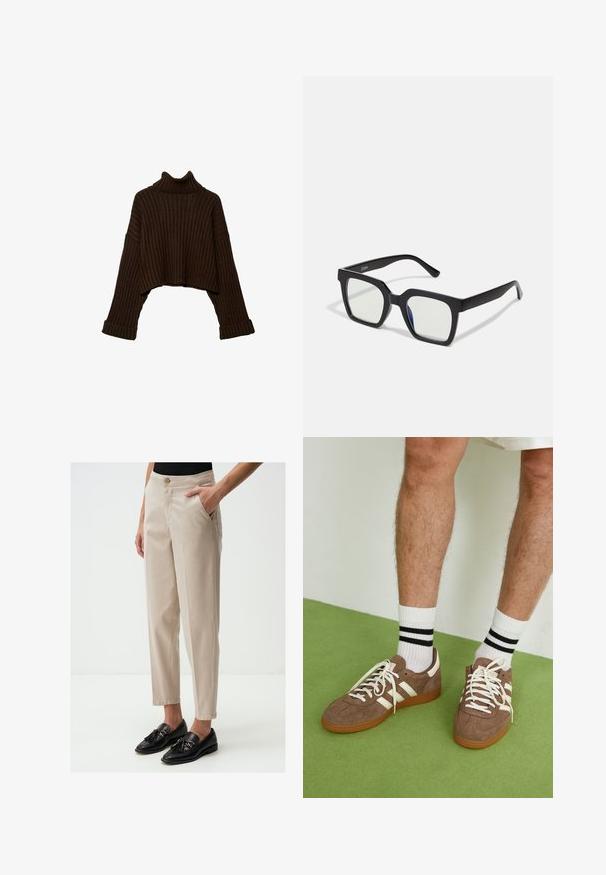 Brown, cropped ribbed turtleneck sweater with long sleeves and a textured knit design. Features wide cuffs and a fitted collar.; Beige trousers featuring a straight cut, side pockets, and a button closure. Worn with black loafers adorned with tassels.; Brown suede sneakers with white accents and laces. Rubber gum sole. Worn with white socks featuring black stripes. Green textured flooring.; Black square sunglasses with a matte finish, featuring transparent lenses and a slight blue tint on one side. Robust, angular design.