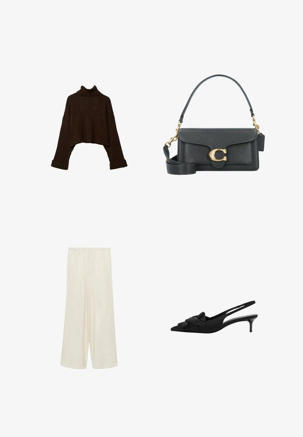 Smeđi, skraćeni rebrasti pulover s visokim ovratnikom i dugim rukavima, s teksturiranim pletenim dizajnom. Ima široke manžete i prilagođeni ovratnik.; Krem hlače širokih nogavica s elastičnim pojasom i mekom, glatkom tkaninom. Sadrži dizajn nabora i labav, lepršav oblik.; Crne slingback potpetice s oštrom naznakom, detaljem u obliku mašnice na prednjem dijelu, teksturiranom tkaninom i uskom sjajnom potpeticom visokom 7,5 cm.; Crna kožna torba s zlatnim hardverom, koja ima prepoznatljivu kopču, odvojivi remen za ramen, te teksturiranu površinu.