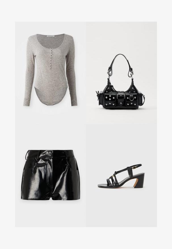 Pikad varrukad bodysuit pehmest hallist kangast, millel on ümar kaelus, nupupaneering ja kõver hem sobiva sobivuse tagamiseks.; Mustad, läikivad lühikesed püksid sünteetilisest materjalist. Omab kitsast piha, vöölõike ja esimesi taskuid, millel on silmapaistvad õmbluse detailid.; Paul Smith AMIRA - Klassikalised kontsakingad - black; Must värvi nahast käekott, millel on kaarjas disain, hõbedased nupukesed, kinnitusahe ja kaks külgtaskut. Reguleeritav rihm erinevate kandmisvõimaluste jaoks.