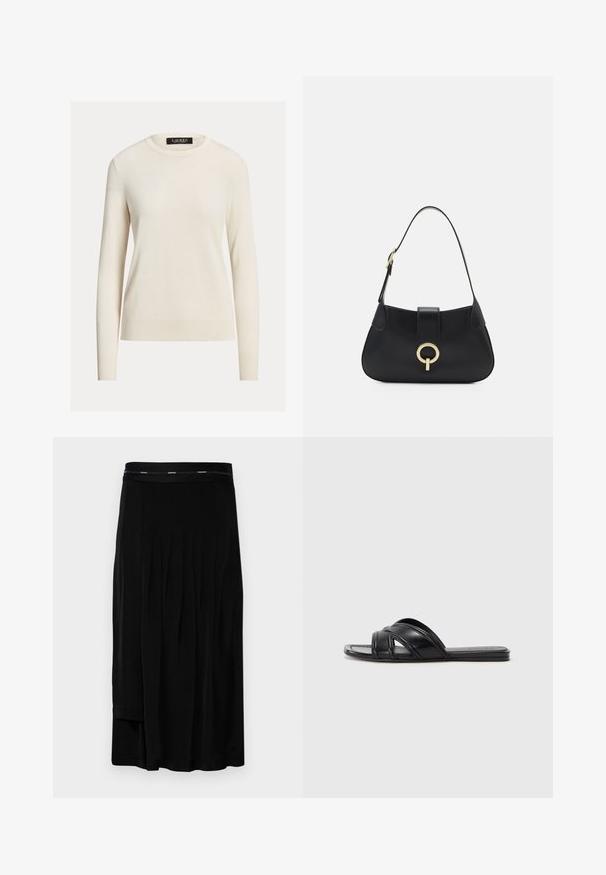 Lys kremfarget genser, lange ermer, rund halslinje, strikket tekstur, ribbestrikkede mansjetter og nederkant, merkelapp leser "LAUREN." Enkel, minimalistisk design.; Svart midiskjørt med plisseringer, en jevn tekstur og et bredt liv med en subtil merkevarelogo. Enkelt design og gulvlengde.; Svarte sandaler med glatt lærfinish, med kryssende remmer og utskårne detaljer, samt en flat, fleksibel såle.; Svart lærveske med en buet silhuett, kort stropp, sentral hardware i gulltone og glatt tekstur. Ingen synlige mønstre eller aksenter.
