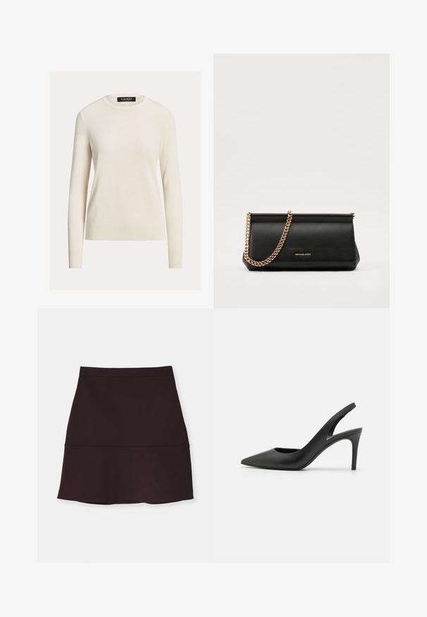 Svetlý krémový svetr, dlouhé rukávy, kulatý výstřih, pletená textura, žebrované manžety a lem, štítek s nápisem "LAUREN." Jednoduchý, minimalistický design.; Tmavě fialová, sukně ke kolenům s hladkou texturou, s úzkým pasem a rozšířeným lemem. Šev podél středu.; Černé kožené lodičky na podpatku s otevřenou patou a špičatou špičkou, s výřezem na přední straně a tenkým jehlovým podpatkem.; Černá kožená psaníčko s zlatým řetízkem, vyznačující se hladkým povrchem, obdélníkovým tvarem a reliéfním logem na přední straně.