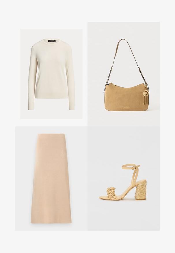 Šviesiai kreminis megztinis, ilgomis rankovėmis, apvaliu iškirpimu, mezgimo tekstūra, raukšlėti rankogaliai ir apdaila, etiketė nurodo „LAUREN“. Paprastas, minimalistinis dizainas.; Ilga, smėlio spalvos, mezginė sijonas su tiesia siluetu, pasižymintis lygiu paviršiumi ir be matomų raštų ar puošmenų.; Bežiniai aukšti kulniukai su pintu tekstūra, puošiami dekoratyvine gėle ir kulkšnies dirželiu. Kvadratinis kulnas suteikia stabilumo.; Smėlio spalvos zomšinė petinė rankinė su kreivomis formomis, auksinio tono detalėmis ir užtrauktuku. Pridedamas žavesys su inicialais "MK."