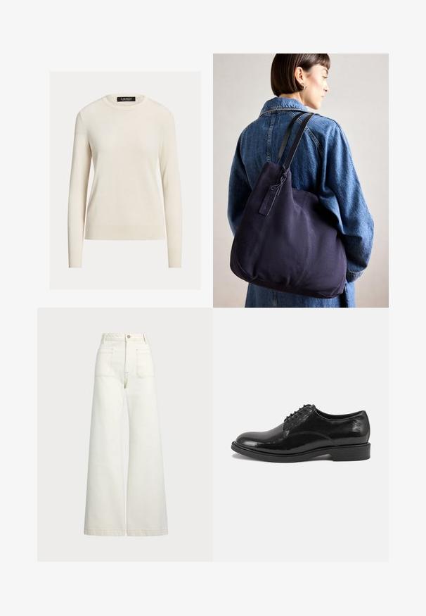 Svetar svetle kreme, dolgimi rokavi, okroglo izrezan, pletena tekstura, rebrasti manšeti in spodnji rob, oznaka zapiše "LAUREN." Preprost, minimalističen dizajn.; Široke jeans hlače v off-white denim tkanini. Visok pas z gumbnim zapiranjem, dvema sprednjima žepoma in detajli kontrastnega šivanja.; Črne usnjene oblečne čevlje z sijajem, okroglo konico in vezalnim dizajnom. Imajo nizko zloženo peto in subtilne šivane podrobnosti.; Modra platnena torba za ramo s meko, strukturirano obliko, opremljena s črnim trakom, šivanjem in majhno oznako blagovne znamke.