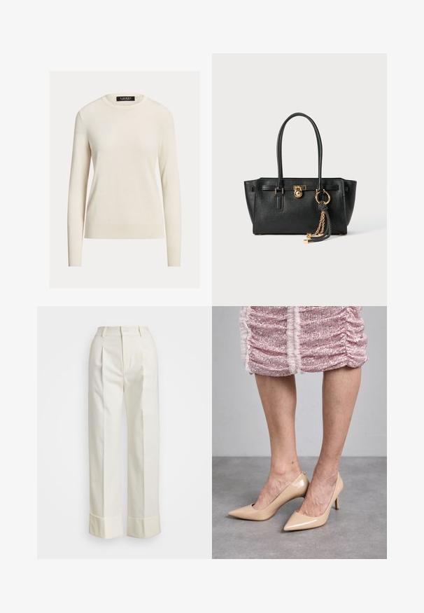 Svetlý krémový sveter, dlhé rukávy, zaoblený výstrih, pletená textúra, rebrované manžety a lem, etiketa znie "LAUREN." Jednoduchý, minimalistický dizajn.; Biele sako nohavice s vysokým pásom, dvojitými prednými záhybmi a širokými nohavicami s prehnutými manžetami. Vyrobené z hladkej, textúrovanej látky.; Béžové lakované lodičky s úzkou špičkou a tenkým podpätkom. Hladký povrch s elegantným dizajnom. Nosia sa s ružovými šatami posiatymi flitrami.; Čierna kožená kabelka s dvojitými uchami, zlatým zámkom a reťazovým detailom, a čierno-bielym strapcom na bielom pozadí.