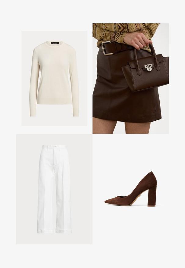 Helles Cremefarbendes Sweatshirt, lange Ärmel, runder Halsausschnitt, gestrickte Textur, gerippte Bündchen und Saum, Etikett mit der Aufschrift "LAUREN." Einfaches, minimalistisches Design.; Weiße Weitbein-Hosen mit hoher Taille, ausgestattet mit einem Knopfverschluss und subtilen Stickdetails. Hergestellt aus Baumwolle mit glatter Textur.; Braune Wildleder-Pumps mit spitzer Zehe und breitem Blockabsatz. Glatte Oberfläche und minimalistisches Design. Keine sichtbaren Beschläge oder Muster.; Braune Lederhandtasche mit strukturiertem Finish und silbernen Beschlägen, gehalten mit einer Hand neben einem braunen Lederrock und einem gemusterten Pullover.