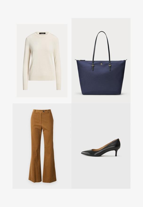 Ljus krämfärgad tröja, långärmad, rundad halsringning, stickad textur, ribbade manschetter och nederkant, etikett med texten "LAUREN." Enkla, minimalistiska design.; Bruna utsvängda byxor gjorda av texturerat tyg, med knappstängning och en ren midjebandsdesign.; Svart läderpumps med spetsig tå, låg klack och slät yta. Har en liten öppning framtill och minimal hårdvara bak.; Marinblå tote-väska gjord av texturerad tyg, med svarta läderhandtag och metallaccenter i guld. Dragkedjestängning upptill.