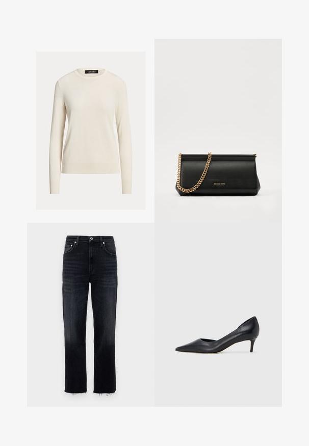 Heled kreemjas sviiter, pikad varrukad, ümmargune kaelus, kudumine tekstuur, soonikkoes mansetid ja ääred, silt ütleb "LAUREN." Lihtne, minimalistlik disain.; Kõrge vöökohaga, sirge säärega teksad tumedast denimist, millel on kulunud serv ja klassikaline viie taskuga disain hõbedase riistvaraga.; Mustast nahast kontsakinga terava ninaga ja madala kontsaga. Omadused on sile pind ja peen läige. Esiosal on avatud lõige, mis lisab detaili.; Mustast nahast klamberkott kuldse kettrihmaga, millel on sile tekstuur, ristkülikuline kuju ja esiküljel reljeefne brändingu märk.