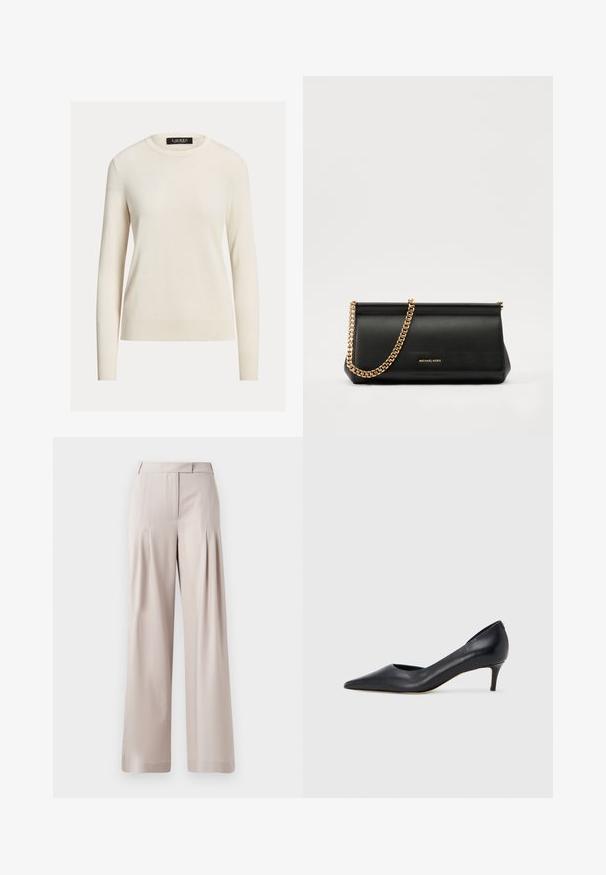 Suéter claro, de mangas longas, com decote redondo, textura de malha, punhos e barra canelados, etiqueta lê "LAUREN." Design simples e minimalista.; Calças largas beiges, com uma textura suave, design frontal plissado e uma cintura bem cortada. Adequadas para looks formais ou casuais.; Sapato de salto alto preto em pele com bico fino e salto baixo. Apresenta uma textura suave e brilho subtil. Corte aberto na parte da frente para um detalhe adicional.; Mala de mão de couro preta com uma alça de corrente dourada, apresentando uma textura suave, forma retangular e uma marca gravada na parte da frente.