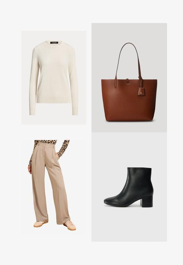 Svijetlosmeđa džemper s dugim rukavima, okruglim izrezom, pletenom teksturom, rebrastim manžetama i rubom, oznaka nosi natpis "LAUREN." Jednostavan, minimalistički dizajn.; Bež hlače širokih nogavica, s naborima sprijeda, visokog struka, bočne džepove, uparené sa svijetlim tenisicama. Tkanina izgleda glatko i strukturirano.; Crne kožne čizme do članaka s uskim vrhom i debelim potplatom. Glatka tekstura s minimalnim detaljima i elegantan, prilagođen dizajn.; Tote torba od smeđe kože sa šljokicama, s dva ručka, malom pričvršćenom oznakom i suptilnim logotipom sprijeda. Glatka tekstura s strukturiranim oblikom.