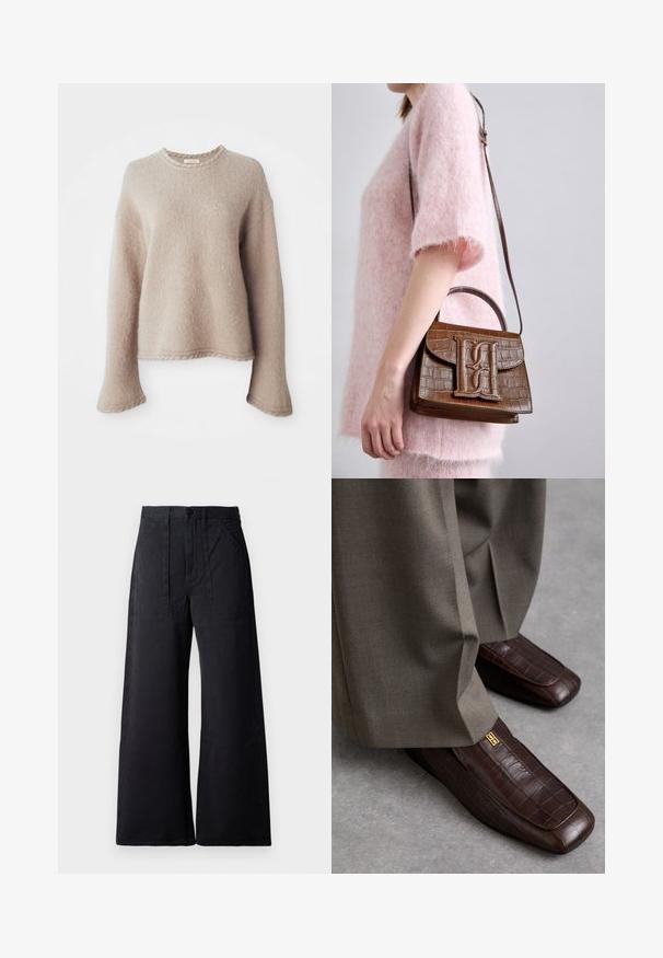 Bežinis mezgimo megztinis su ilgomis rankovėmis, apvaliu iškirpimu ir tekstūruotu paviršiumi. Turi laisvą siluetą ir subtilius veliūrinio hemų akcentus.; Platūs juodi kelnės su aukštu liemeniu, priekinėmis kišenėmis ir lygiu audinio raštu. Dviejų kišenių detalės priekyje prideda išbaigtumo.; Rudos odinės loafer per šlepetes su krokodilo tekstūra, akcentuota auksiniu logotipu, derinamos su šviesiai pilkais kelnėmis. Kvadratinės formos pirštas.; Rudas krokodilo raštas rankinė su viršutine rankena ir pečių diržu. Išsiskiria ryškiu logotipu priekyje. Minkšta tekstūra.