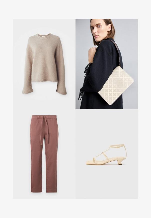 Pull en maille beige avec des manches longues, un col rond et une finition texturée. Doté d'une coupe décontractée et de détails côtelés subtils à l'ourlet.; Pantalons en mélange de coton marron avec une taille élastique et un cordon de serrage. Design à jambes droites avec poches latérales, texture lisse et sans motifs visibles.; Sandales à talons beiges avec un design à T, bout carré, bride de cheville réglable et un petit talon carré. Matériau en cuir lisse.; Sac à épaule à motif beige avec une forme structurée, doté d'une sangle texturée marron. Porté par un mannequin sur fond gris.