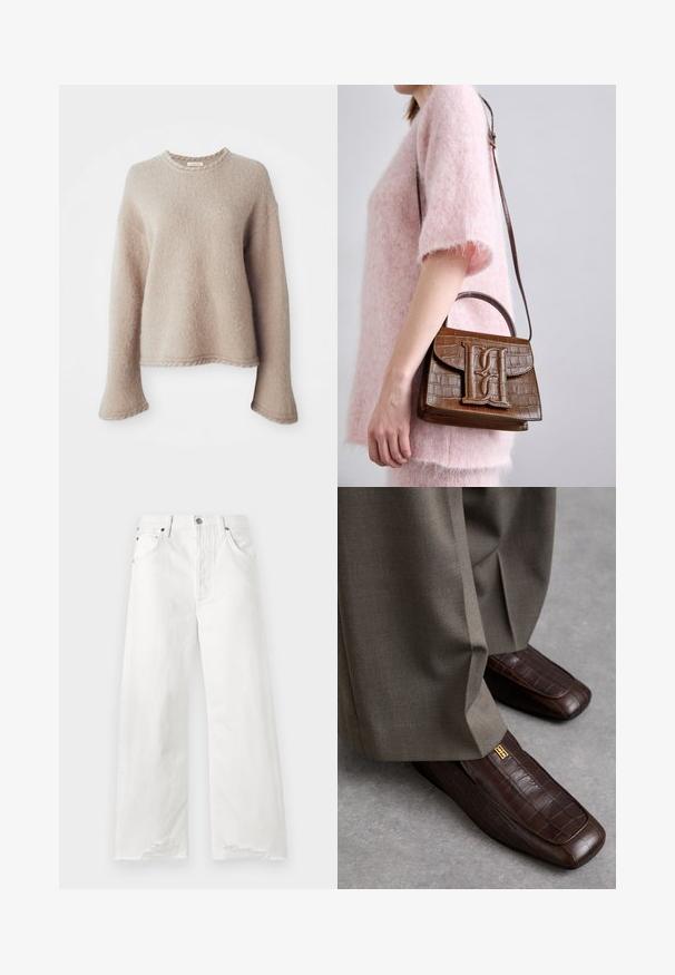 Bežinis mezgimo megztinis su ilgomis rankovėmis, apvaliu iškirpimu ir tekstūruotu paviršiumi. Turi laisvą siluetą ir subtilius veliūrinio hemų akcentus.; Baltos plačios džinsinės kelnės, pagamintos iš džinsinio audinio, su aukštu liemeniu, priekinėmis kišenėmis ir nusidėvėjusiais krašto akcentais.; Rudos odinės loafer per šlepetes su krokodilo tekstūra, akcentuota auksiniu logotipu, derinamos su šviesiai pilkais kelnėmis. Kvadratinės formos pirštas.; Rudas krokodilo raštas rankinė su viršutine rankena ir pečių diržu. Išsiskiria ryškiu logotipu priekyje. Minkšta tekstūra.