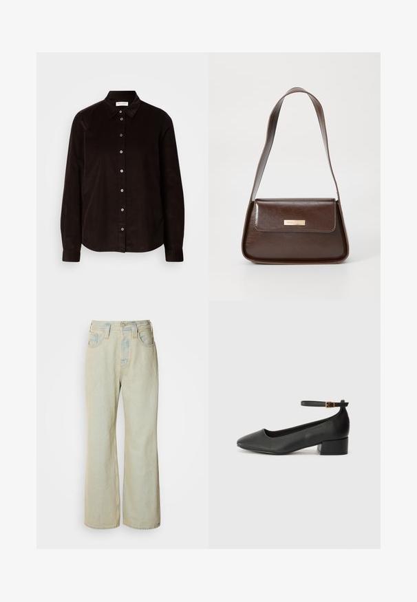 Schwarzer gerippter Strickpullover mit rundem Ausschnitt und langen Ärmeln. Hat einen lockeren Schnitt und eine strukturierte Oberfläche. Etikett: Mare O'Polo.; Dunkelbraune Langarm-Cordhemd mit Kragen und Knopfverschluss vorne, flach auf einem hellen Hintergrund präsentiert.; Hellblaue Schlagjeans aus Denim mit hoher Taille, fünf Taschen und subtilen Ausbleichungen sowie kontrastierenden Nähakzenten.; Schwarze Lederpumps mit spitzem Zehenbereich und niedrigem Blockabsatz. Mit einem Knöchelriemen und einer goldfarbenen Schnalle. Glatte Textur.; Braune Lederschultertasche mit strukturierter Form, ausgestattet mit einem magnetischen Klappenverschluss und einem metallischen Logoakzent auf der Vorderseite.