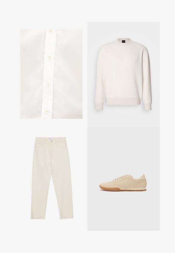 White ribbed sweater with a round neckline and long sleeves. Features a textured fabric with a soft finish and subtle horizontal lines.; White button-up shirt featuring a straight collar, six white buttons, and a smooth, slightly textured fabric. No visible patterns or accents.; Beige denim jeans with a straight-leg cut, featuring five pockets, a button closure, and subtle stitching details. Smooth texture.; Beige suede sneakers with a streamlined design, featuring a textured upper, rounded toe, and a rubber sole with a zigzag pattern.