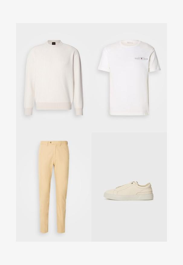 White ribbed sweater with a round neckline and long sleeves. Features a textured fabric with a soft finish and subtle horizontal lines.; White cotton t-shirt with a crew neck, short sleeves, and a printed logo. Features minimalist design and relaxed fit.; Beige trousers made of cotton with a straight cut, featuring a button closure, belt loops, and side pockets. Smooth texture, no patterns.; Beige leather sneaker with a rounded toe, minimalistic design, subtle stitching details, and a textured upper, on a light sole.