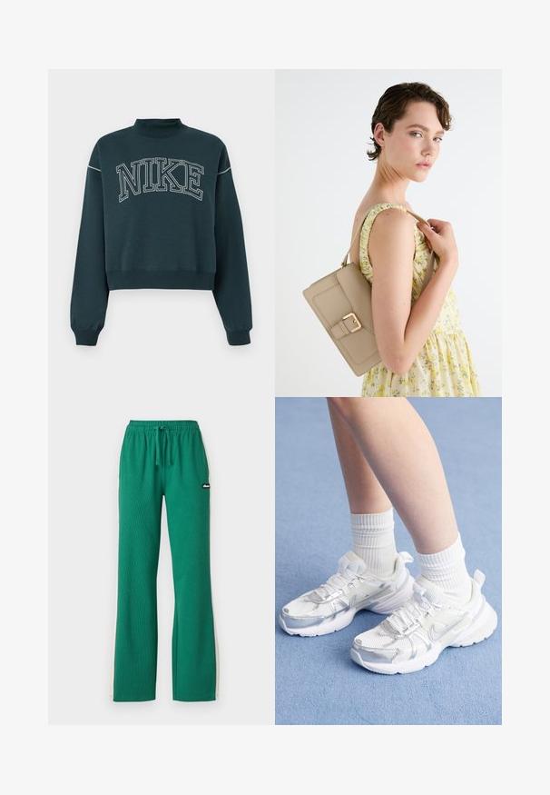 Tumši tīnī krāsā īsās piedurknes sporta krekls, izgatavots no mīksta auduma, ar augstu apkakli, ar lielu balto "NIKE" logo uz krūtīm.; Zaļie sporta bikses, izgatavotas no teksturēta auduma, ar aukliņu stila jostu, sānu svītrām un nelielu logotipa uzšuvi kreisajā kājā.; Baltie sporta apavi ar sieta materiāla un sintētiskajām virsmām, ar sudraba Nike logotipu, un apvienoti ar ribotām baltām zeķēm uz zila fona.; Beige ādas rokassomu ar strukturētu dizainu, zelta sprādzi kā akcentu un regulējamu siksnu, parādīta pret gaismas fonu.