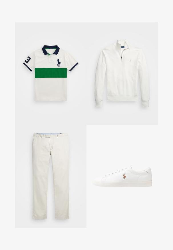 Balts pusmugurs krekls ar rāvējslēdzēju, izgatavots no teksturēta auduma. Tam ir garas piedurknes, ribota aproce un neliels logo kreisajā krūtīs.; Balts polo krekls ar zaļu horizontālu svītru, tumši zila apkakle un piedurkņu akcenti, ar lielu skaitli "3" kreisajā piedurknē un izšuvumu ar logo.; Bežīgas kokvilnas chinos bikses ar gludu priekšpusi, jostas cilpām un sānu kabatām. Taisnas kājas dizains ar gludu tekstūru un vieglu, elpojošu sajūtu.; Baltas ādas sporta apavi, zema dizaina, ar gludu tekstūru, noapaļotu purngalu, ar auklēm priekšpusē un nelielu izšūtu logotipu sānos.