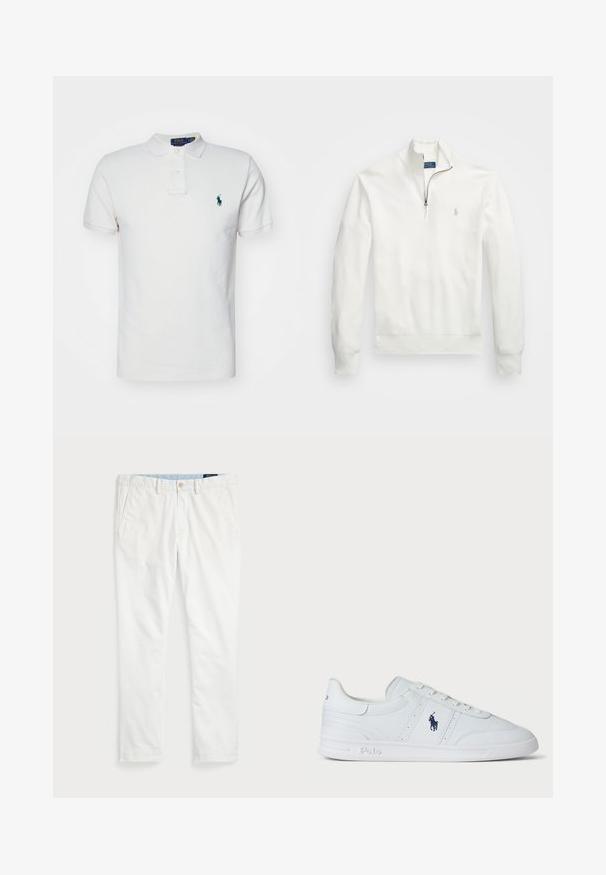 Bela pulover s polno zadrgo, izdelan iz teksturiranega blaga. Ima dolge rokave, rebraste manšete in majhen logotip na levem prsnem predelu.; Bela polo majica iz bombaža, s klasičnim ovratnikom, kratkimi rokavi in zelenim vezenim logotipom na levem prsnem delu.; Beli chinos iz bombaža, z ravnim sprednjim delom, z zanko za pas, dvema stranskima žepoma in enim zadnjim žepom. Gladka tekstura z ravno nogavico.; Bele teniske iz usnja z gladko teksturo, zavezane z vezalkami, z mornarsko modrim logotipom ob strani in trdnim gumijastim podplatom.