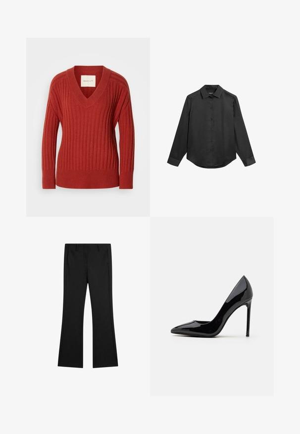 Rød ribbet sweater med V-hals, lange ærmer og fitted talje. Fremstillet af et blødt, struktureret materiale. Etiket synlig inden i halsudskæringen.; Sort langærmet skjorte med krave, knaplukning foran, glat stof og let afrundet kant. Ingen synlige mønstre eller detaljer.; Sorte flagrende bukser lavet af glat stof, med forlommer og en skræddersyet pasform med pressede foldelinjer for et poleret udseende.; Call it Spring MESMERIZE - Pumps - other black