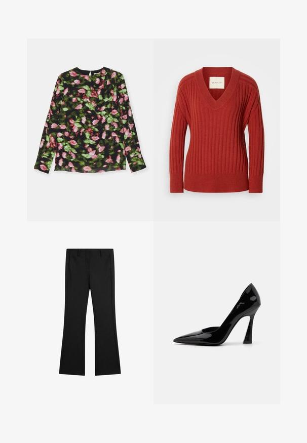 Rød ribbet sweater med V-hals, lange ærmer og fitted talje. Fremstillet af et blødt, struktureret materiale. Etiket synlig inden i halsudskæringen.; Langærmet top med sort stof og blomsterprint i pink og grøn. Rund halsudskæring med let plissering.; Sorte flagrende bukser lavet af glat stof, med forlommer og en skræddersyet pasform med pressede foldelinjer for et poleret udseende.; Sort patentlæder højhælede pumper med spidse tæer og en vinklet stiletto-hæl, med en glat, skinnende overflade.