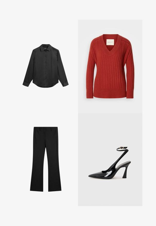 Red ribbed sweater with a V-neck, long sleeves, and a fitted waist. Made from a soft, textured material. Label visible inside neckline.; Black long-sleeve shirt with a collared neck, buttoned front, smooth fabric, and slightly rounded hem. No visible patterns or accents.; Black flared pants made of smooth fabric, featuring front pockets and a tailored fit with pressed crease lines for a polished look.; Black patent leather slingback high heels with a pointed toe, adjustable ankle strap, and a moderate block heel. Smooth texture with glossy finish.